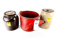 Vintage Transfer Can, (2) Crock Jars w/ Lids