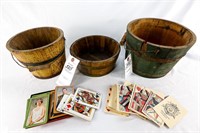 (3) Wooden Pails w/ Coronation Playing Cards,