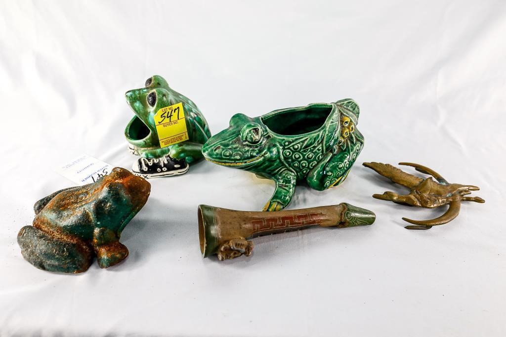 (2) Frog Planters and Ceramic Ceremonial Flute,