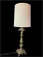 Tall Green Metal Lamp with Cream Lampshade