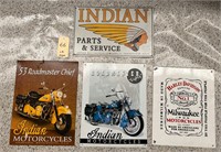 4 x Assorted Tin Harley & Indian signs (repros)
