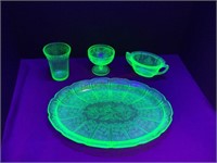 Uranium Glass Cup, Platter, & More