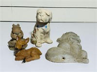 Terracotta Dog & 3 Concrete Animals