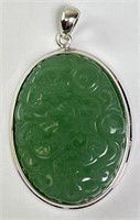 Sterling Large Solid Jade Carved Pendant 22 Grams