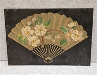ANTIQUE HAND PAINTED ON TIN FAN & FLOWERS PAINTING