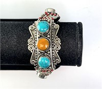 Tiebetan Silver Copal Amber/Turquoise Bracelet 63G