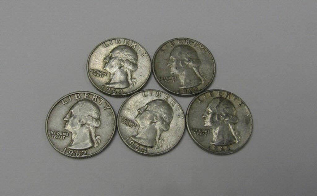 5 Washington .90% Silver Quarters