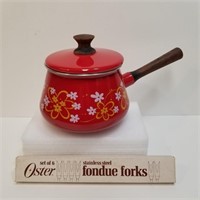 1970s Retro Floral Design Red Enamel Fondue Pot