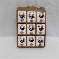 MCM Rooster Wood Spice Rack 1950s w / 9 Ceramic