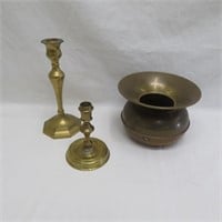 Brass Spittoon & Candlesticks (2) - Vintage