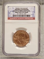 NGC BU 2007 P THOMAS JEFFERSON 1$ COIN