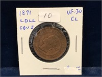 1891  Canadian Lg Penny VF30  LDLL, OBV 2