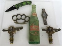 Brass Knuckles, Knife, 10-2-4 Dr. Pepper Bottle,