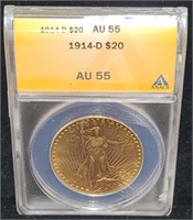 1914 D $20 Gold St. Gaudens Coin ANACS AU55
