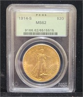 1914 S $20 Gold St Gaudens Coin PCGS MS62