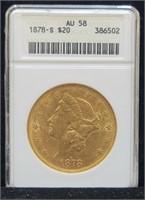 1878 S $20 Gold Liberty Double Eagle Coin ANACS
