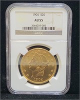 1904 $20 Gold Liberty Double Eagle Coin NGC AU55