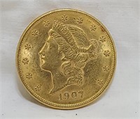 1907 $20 Gold Liberty Double Eagle Coin