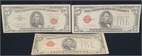 3x 1928 C F & 1963 $5 Bills Red seal