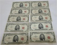 10x 1963 $5 Bills Red Seal