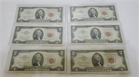 6x 1963 $2 Bills Red Seal