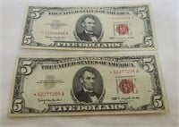 2x 1963 $5 Bills Red Seal Star Notes