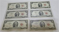 6x 1963 $2 Bills Red Seal Notes