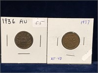 1936, 1937 Canadian Pennies AU, EF40