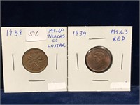 1938, 1939 Canadian Pennies MS60, MS63 Red
