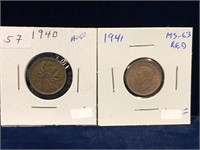 1940, 1941 Canadian Pennies AU, MS63 Red