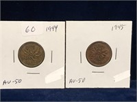 1944. 1945 Canadian Pennies both AU50