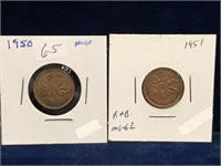 1950, 1951 Canadian Pennies MS60, MS62