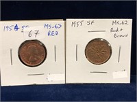 1954, 1955 Canadian Pennies MS63, MS62