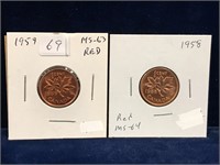 1958, 1959 Canadian Pennies MS63 Red, MS64 Red