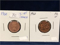 1960, 1961 Canadian Pennies PL65 Cameo, PL65