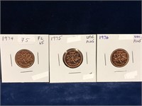 1974, 75, 76 Canadian Pennies PL Uncirculated