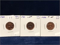 1980, 81, 82 Canadian Pennies PL65 Unc.