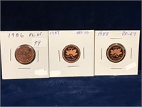 1986, 87, 88 Canadian Pennies PL65 Unc.