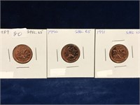 1989, 90, 91 Canadian Pennies  Spec 65