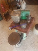 Tall tin pail w/lid, tin lunchbox, flour sifter,