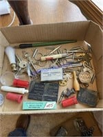 Lot of antique keys, pill box, party favors,