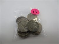 13 nickels, 9 Buffalo, 3 Jefferson, 1 silver