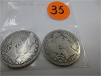 1908 & 1909 Barber silver quarters, good