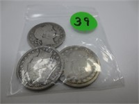 3 Barber silver quarters, 1902-O, 1898, 1913-D