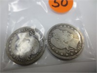 1908-D & 1909-D Barber silver quarters, good
