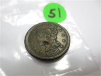 1851 Large cent, filled hole, x-fine