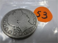 1907-D Barber silver half dollar, good