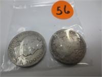 1907 & 1908-D Barber silver quarters, good