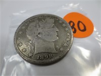 1898 Barber silver half dollar, very good