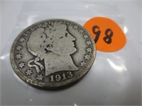 1913-S Barber silver half dollar, very good